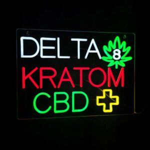 LED Delta 8 Kratom CBD Sign, 20″×14″, Clear Acrylic Panel